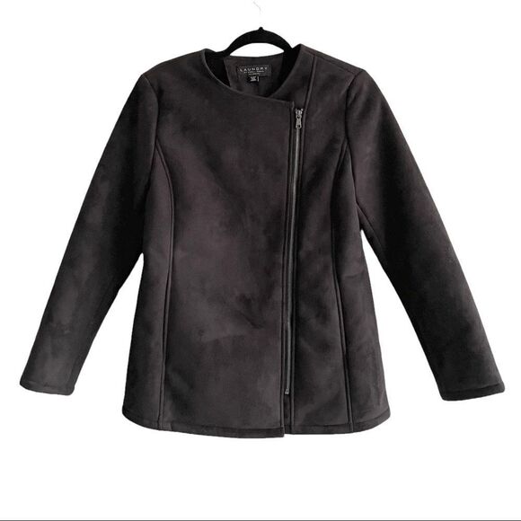 LAUNDRY BY SHELLI SEGAL Faux Suede Shearling Asymmetrical Winter Jacket Black S - Picture 2 of 7